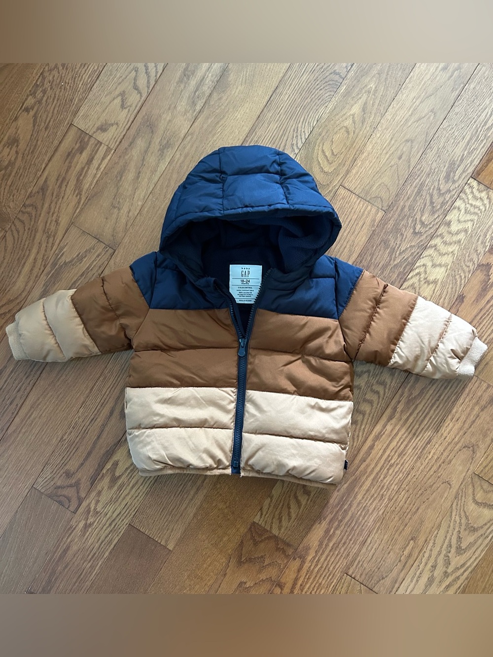 BabyGAP Navy, Brown & Cream ColdControl Puffer Jacket with Hood Size 18-24M